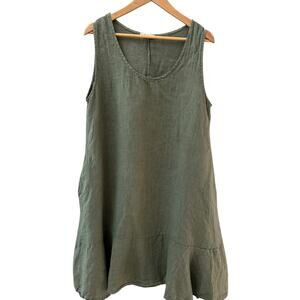 Colette Italian Linen Drop Waist Sleeveless Olive Green Dress Pockets‎ Size 2X